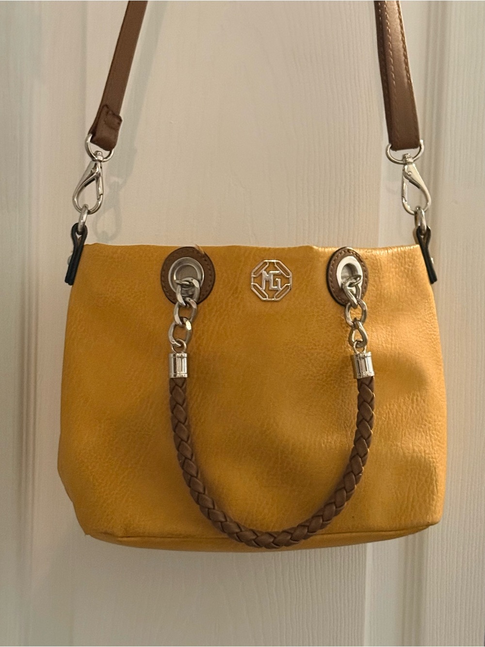 Yellow Shoulder Bag with Braided Brown Handles (Like New)